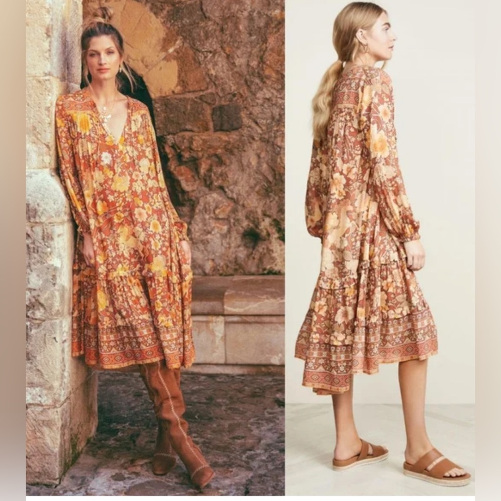 Spell VINTAGE Amethyst . XS BNWT. Long Sleeve Floral Dress in Brown and Yellow
